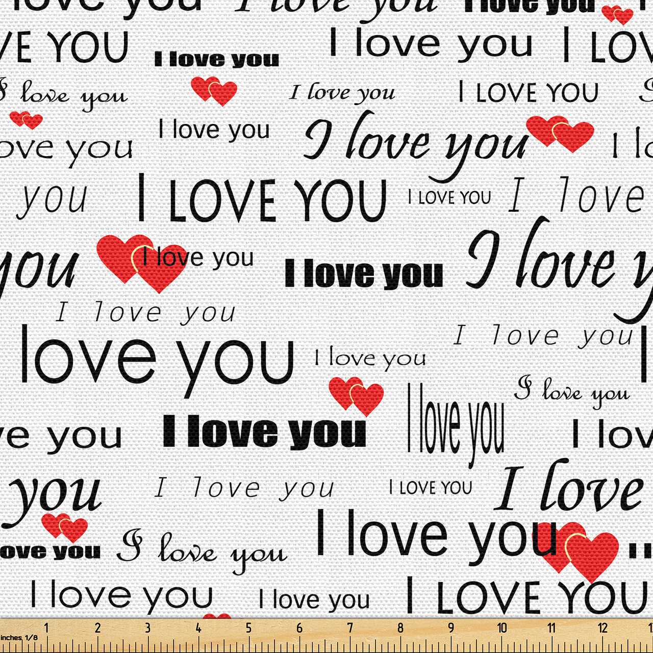 Ambesonne Romantic Fabric by The Yard, I Love You Words Hearts Romance Couple Valentine Plain Backdrop, Decorative Fabric for Upholstery and Home Accents, 1 Yard, Vermilion White